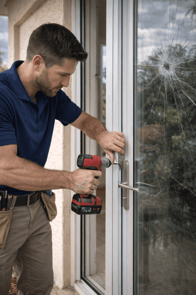 Man With Cordless Drill Installing Door Hardware